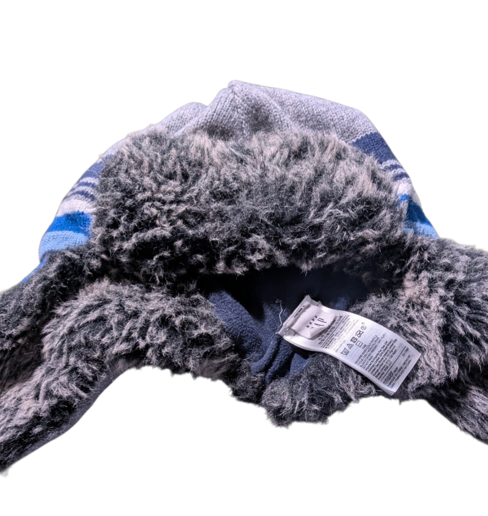 Baby Gap Blue and Gray Striped Faux Fur Lined Winter Trapper Hat